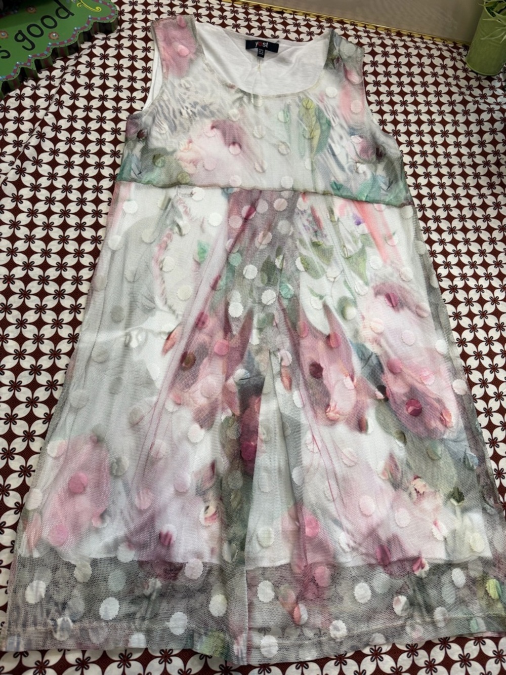 Sleeveless Floral netting over lining Polka Midi Dress - Picture 3 of 14